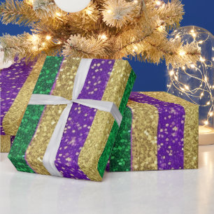 Purple Yellow Green Mardi Gras Glitter Pattern Wrapping Paper