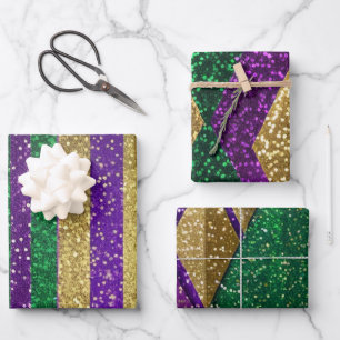 Purple Yellow Green Mardi Gras Glitter Patterns Wrapping Paper Sheet