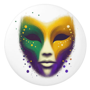 Purple yellow green Mardi Gras mask Ceramic Knob