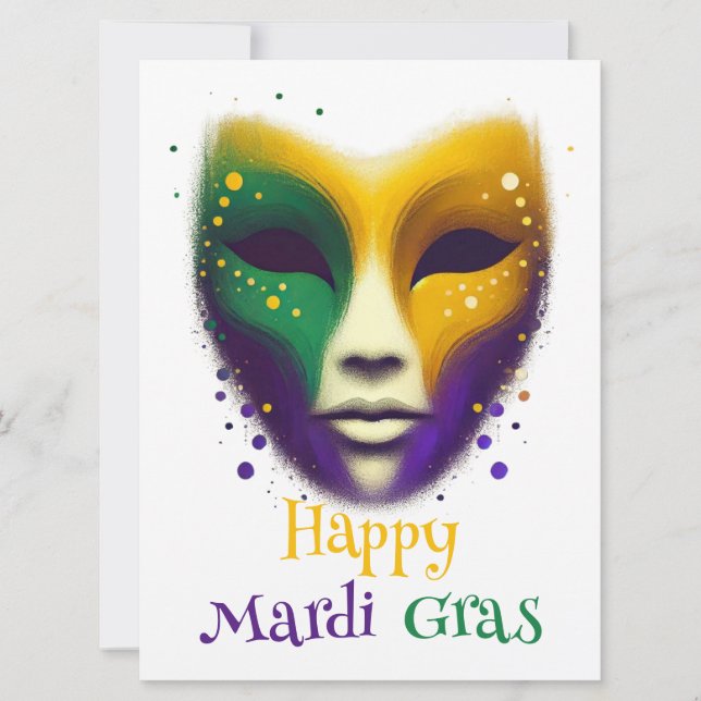 Purple yellow green Mardi Gras mask Holiday Card (Front)