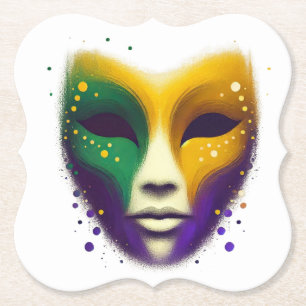 Purple yellow green Mardi Gras mask Paper Coaster