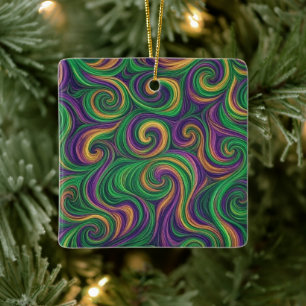 Purple yellow green Mardi Gras swirls abstract Ceramic Ornament