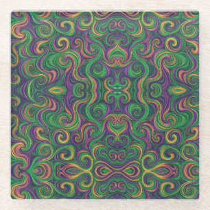 Purple yellow green Mardi Gras swirls abstract Glass Coaster