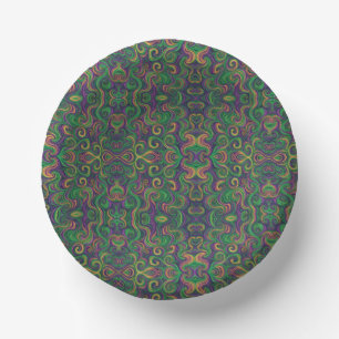 Purple yellow green Mardi Gras swirls abstract Paper Plate