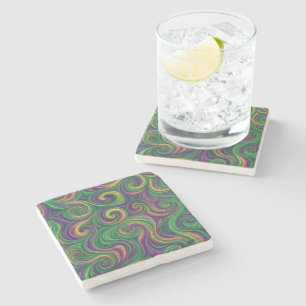 Purple yellow green Mardi Gras swirls abstract Stone Coaster