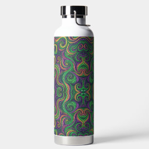 Purple yellow green Mardi Gras swirls abstract Water Bottle