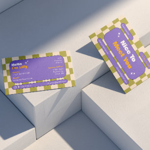 Purple Yellow Green Retro Chequerboard Boho Business Card