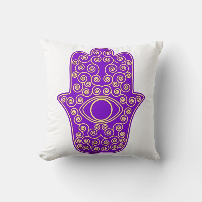 Purple Yellow Hamsa-Hand of Miriam-Hand of Fatima. Cushion (Front)
