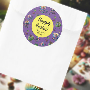 Purple Yellow Happy Easter Spring Flower Clas Classic Round Sticker