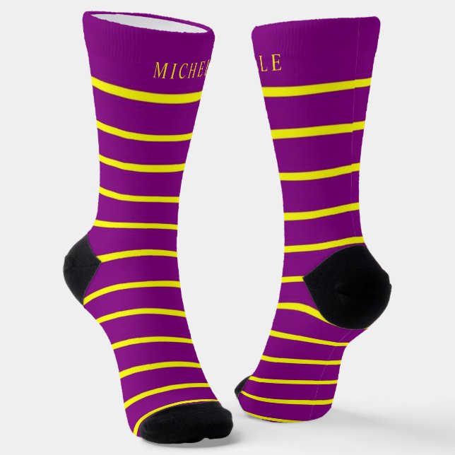 Purple Yellow Horizonta Lines Striped Custom Name  Socks (Angled)