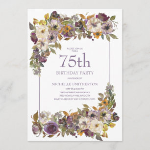 Purple Yellow Ivory Floral Foliage 75th Birthday Invitation