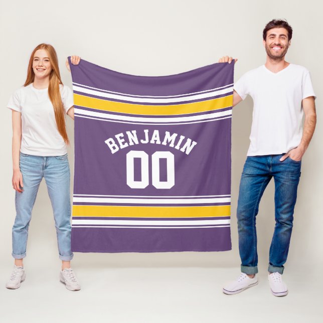 Purple Yellow Jersey Stripes Custom Name Number Fleece Blanket (In Situ)