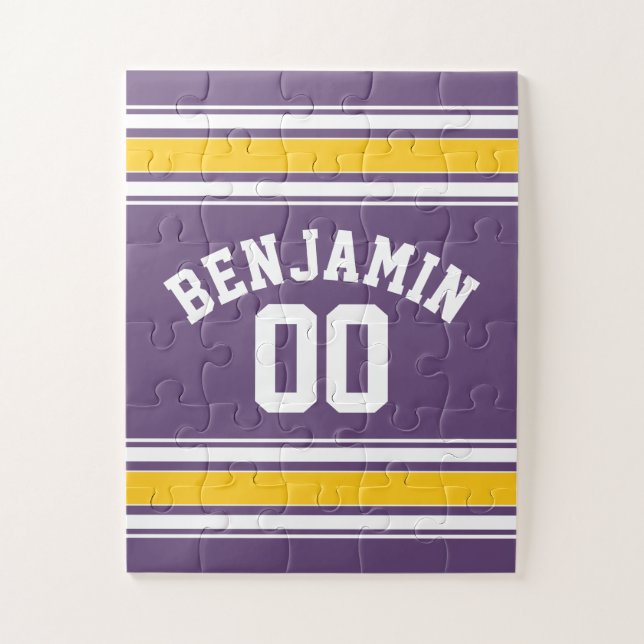 Purple Yellow Jersey Stripes Custom Name Number Jigsaw Puzzle (Vertical)