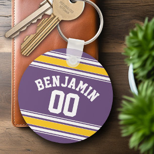 Purple Yellow Jersey Stripes Custom Name Number Key Ring