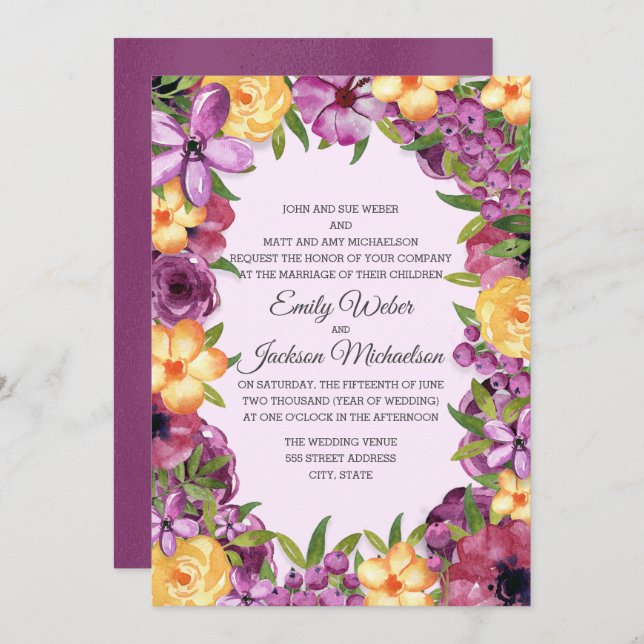 Purple Yellow Jewel Tone Floral Iridescent Wedding Invitation (Front/Back)