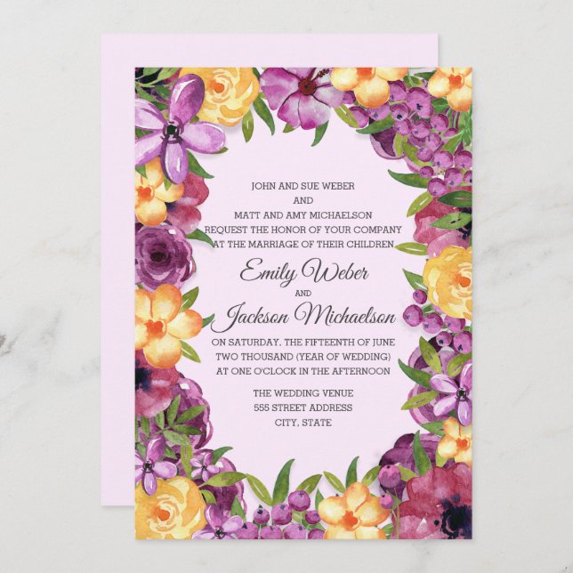 Purple Yellow Jewel Tone Floral Wedding Invitation (Front/Back)