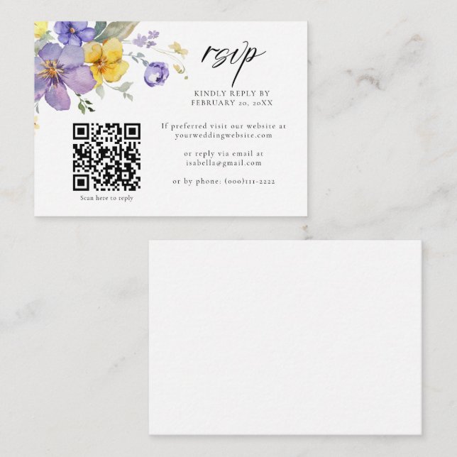 Purple Yellow Lavender Floral QR Code Wedding RSVP Enclosure Card (Front/Back)