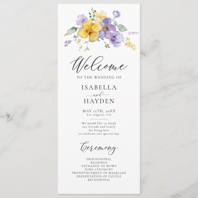 Purple Yellow Lavender Lilac Floral Rustic Wedding Program (Front)