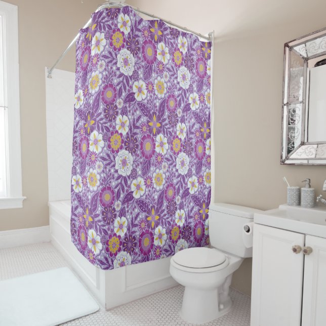 Purple, Yellow & Magenta Floral Shower Curtain (In Situ)