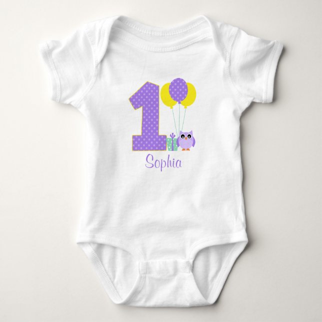 Purple Yellow Mint Owl Polka Dot 1st Birthday Girl Baby Bodysuit (Front)