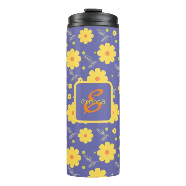 Purple Yellow Monogram Girly Elegant Floral Modern Thermal Tumbler (Front)