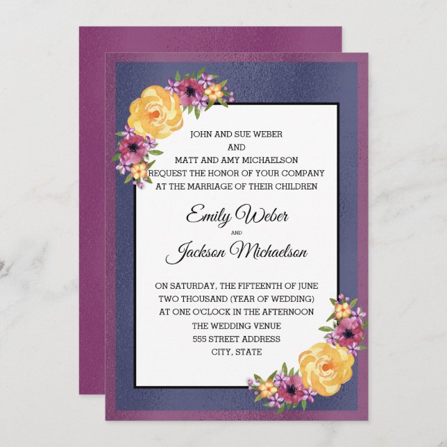 Purple Yellow Navy Blue Jewel Tone Floral Wedding Invitation (Front/Back)