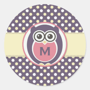 Purple Yellow Night Owl Cartoon Monogram Stickers