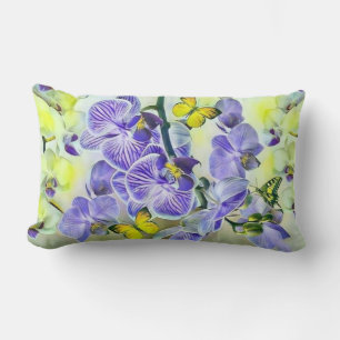 Purple yellow orchid flowers butterfly watercolor lumbar cushion
