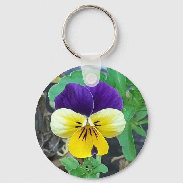 Purple & Yellow Pansy Button Key Ring (Front)