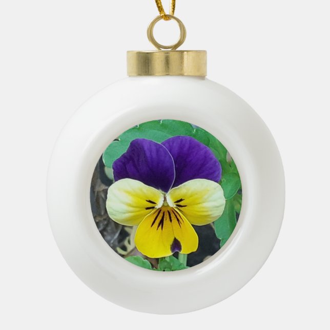 Purple & Yellow Pansy Ceramic Ball Christmas Ornament (Front)