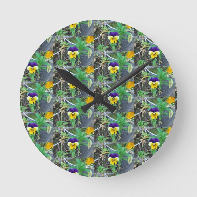 Purple & Yellow Pansy Round Clock (Front)