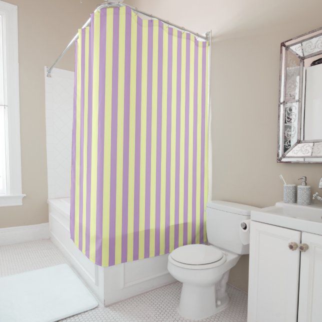Purple Yellow Pastel Stripes Pattern Modern Shower Curtain (In Situ)