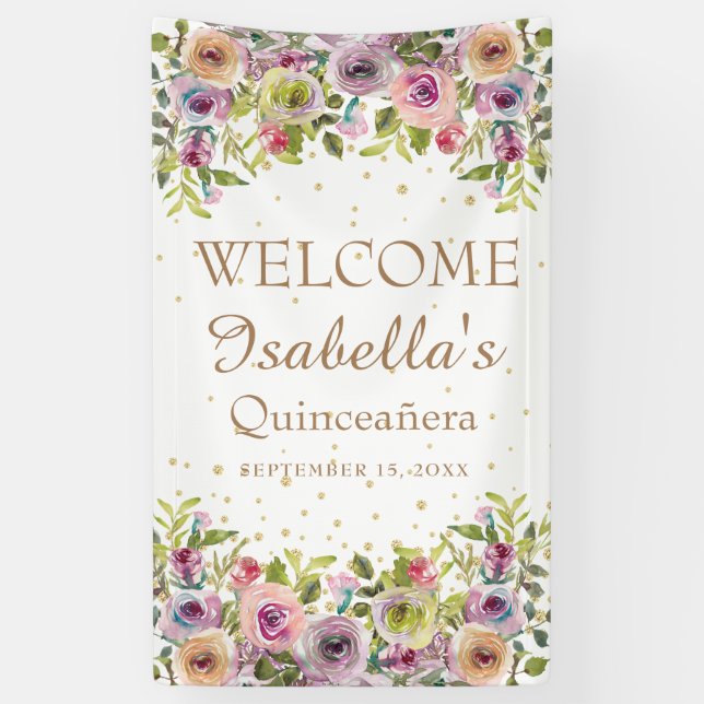 Purple Yellow Pink Floral Gold Glitter Quinceañera Banner (Vertical)