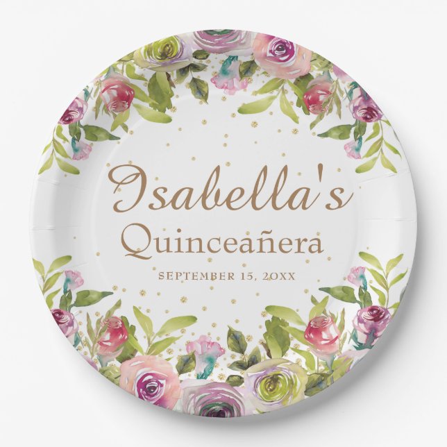 Purple Yellow Pink Floral Gold Glitter Quinceañera Paper Plate (Front)