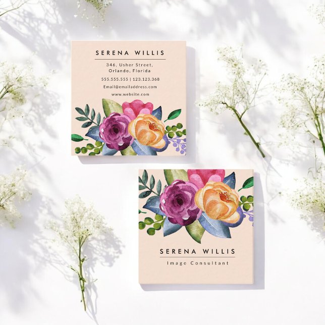 Purple Yellow Pink Floral Pastel Square Business Card (Creator Uploaded)