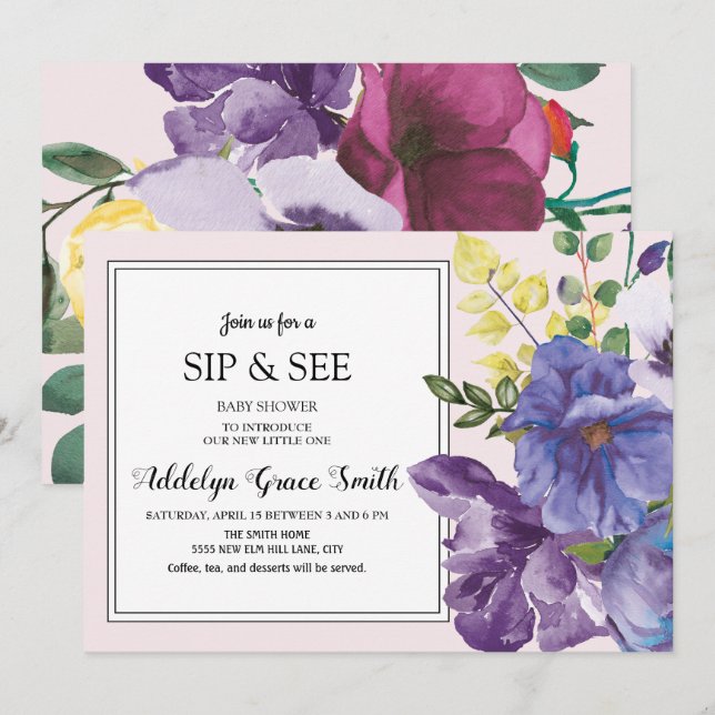Purple Yellow Pink Floral Sip See Baby Shower Invitation (Front/Back)