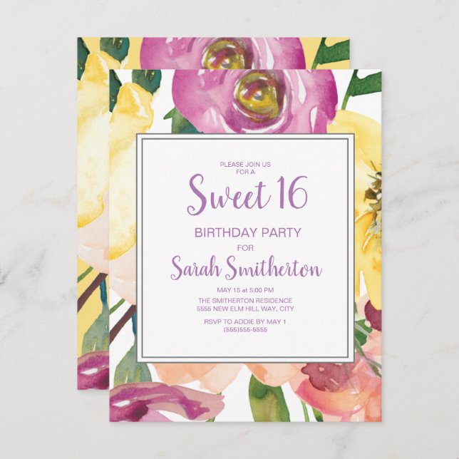 Purple Yellow Pink Floral Sweet 16 Birthday Invitation (Front/Back)