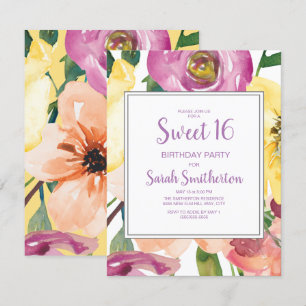 Purple Yellow Pink Floral Sweet 16 Birthday Invitation