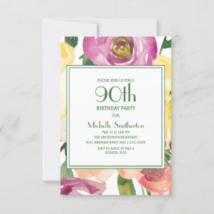 Purple Yellow Pink Flowers 90th Birthday Invitation