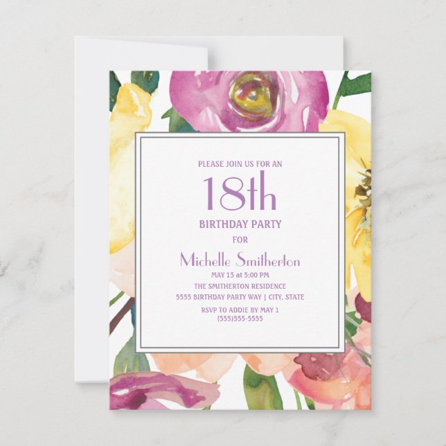 Purple Yellow Pink Watercolor Floral 18th Birthday Invitation (Front)