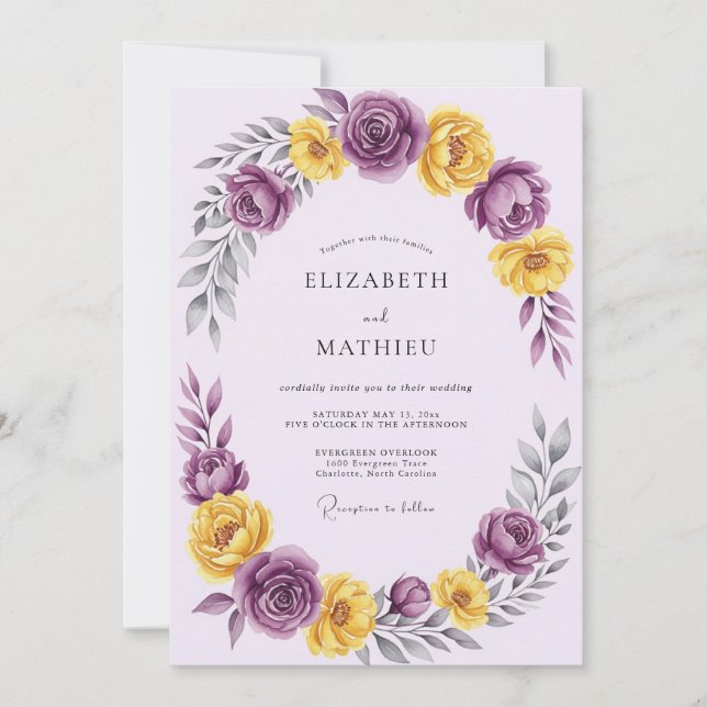 Purple Yellow Romantic Spring Wedding Invitation (Front)