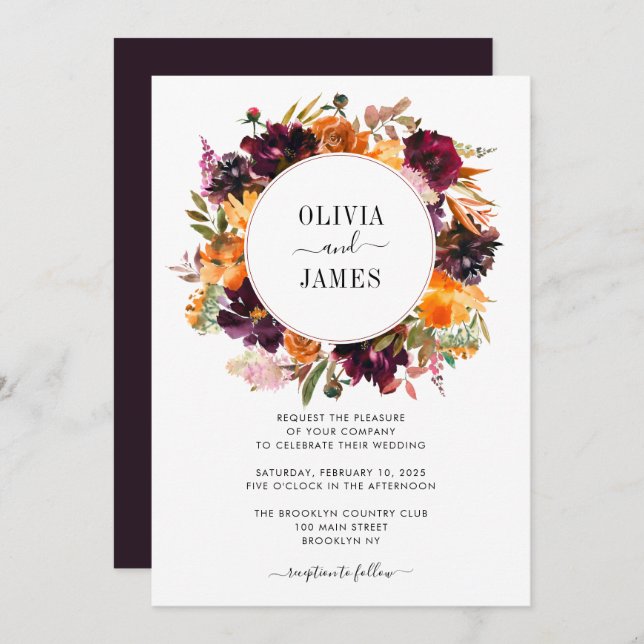 Purple Yellow Rose Burgundy Floral Autumn Wedding Invitation (Front/Back)