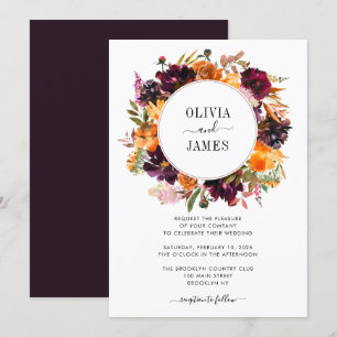Purple Yellow Rose Burgundy Floral Autumn Wedding Invitation