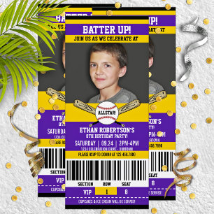Purple Yellow Ticket Style Baseball Birthday Party Invitation