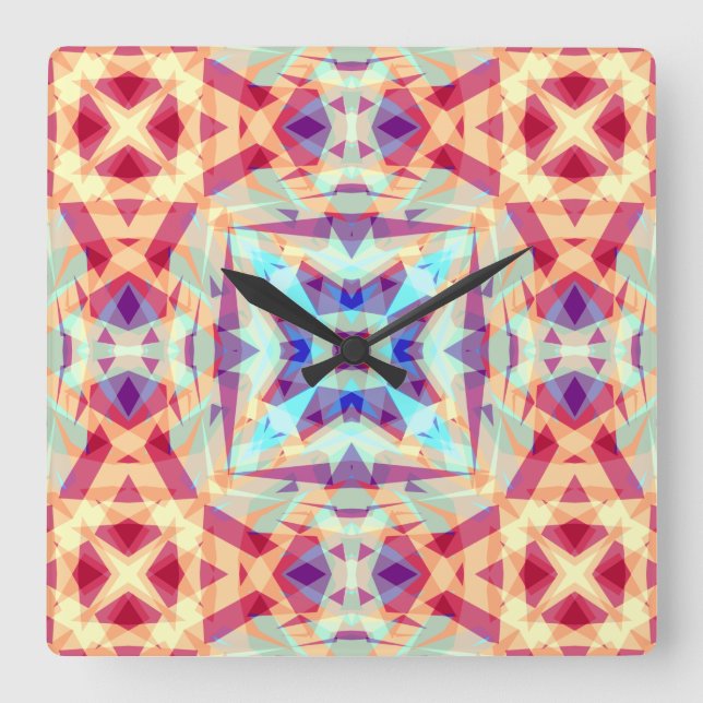 Purple Yellow Turquoise Red Geometric Moroccan Square Wall Clock (Front)