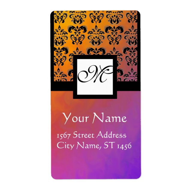 PURPLE YELLOW VIOLET BLACK DAMASK, SQUARE MONOGRAM (Front)