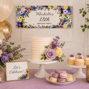 Purple Yellow Watercolor Floral 18th Birthday Banner