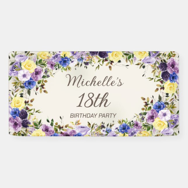 Purple Yellow Watercolor Floral 18th Birthday Banner (Horizontal)