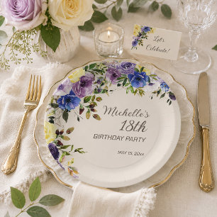 Purple Yellow Watercolor Floral 18th Birthday Paper Plate