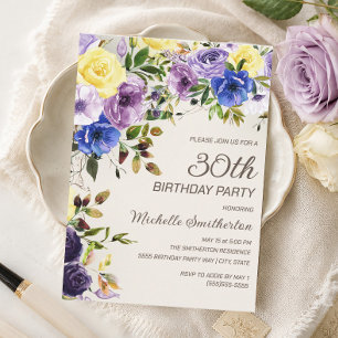 Purple Yellow Watercolor Floral 30th Birthday Invitation